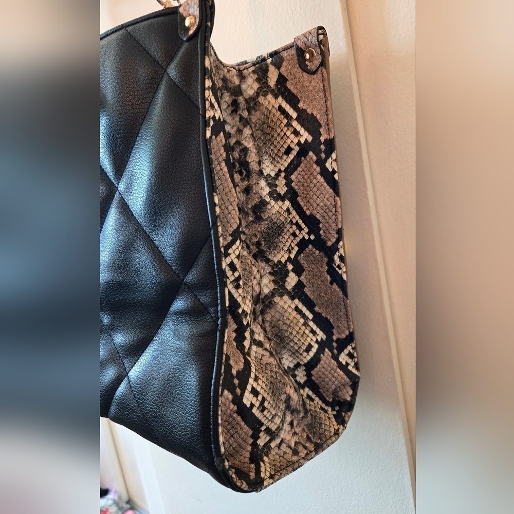 Brown And Black Snake Print Quilted Tote Shoulder Hand Bag - Picture 8 of 12